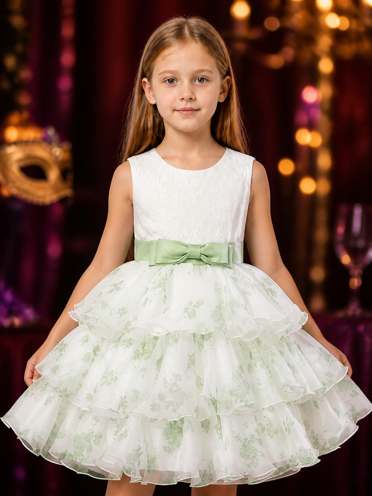 Toddler Girls' Princess Dress, White Lace Bodice, Mint Green Bow and Layered