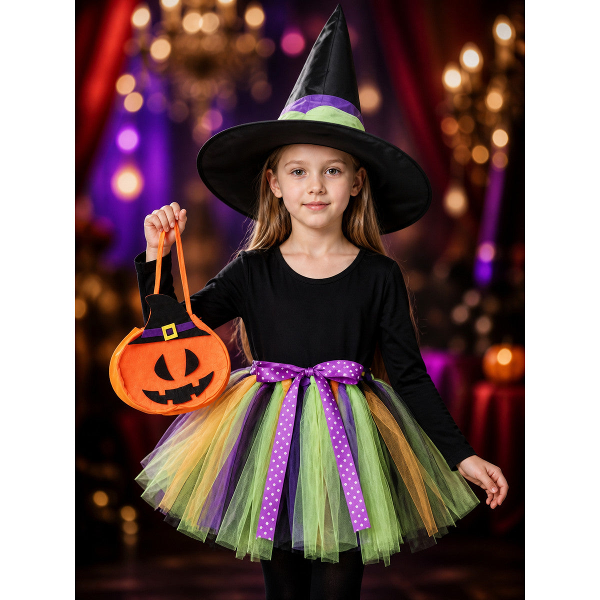 Kids' Halloween Witch Costume Set, Long Sleeve Top, Layered Skirt, Hat and on-model view