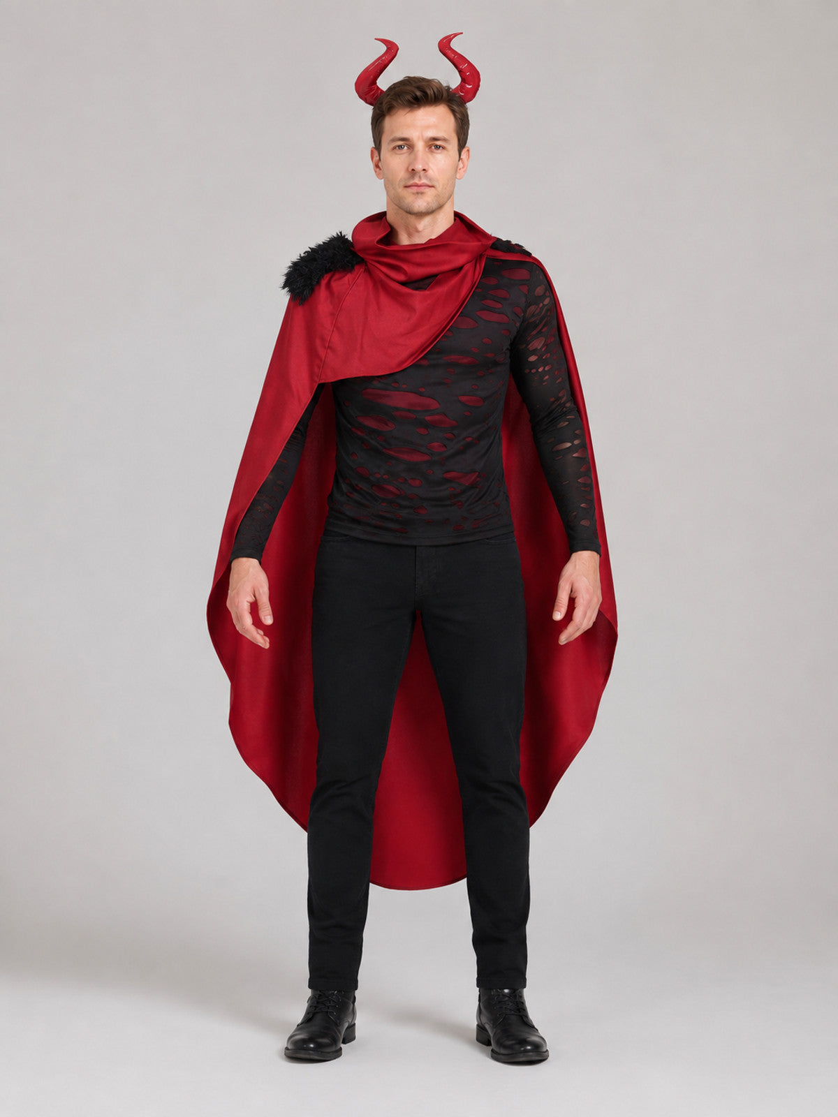 Demon Costume with Red Cape and Horns on-model view