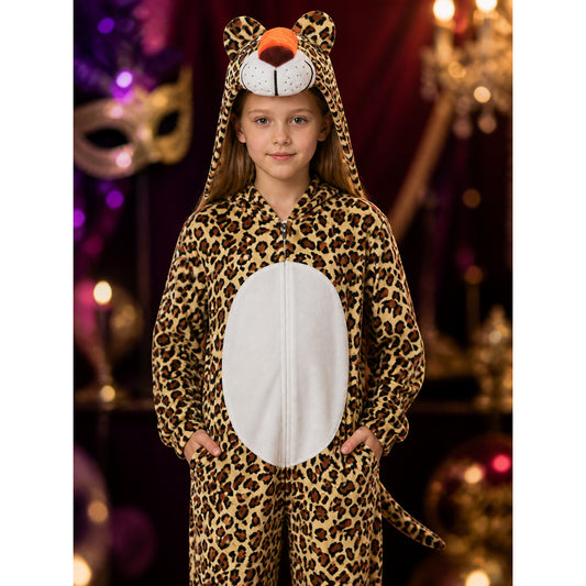 Kids Leopard Animal Onesie Costume with Hood and Tail, Footed Pants on-model view