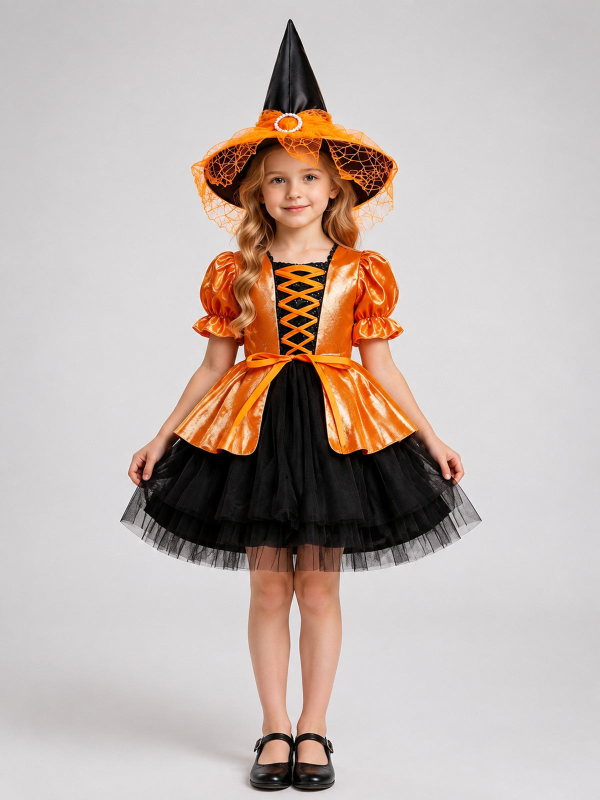 Girls' Halloween Costume Dress with Orange Bow on-model view