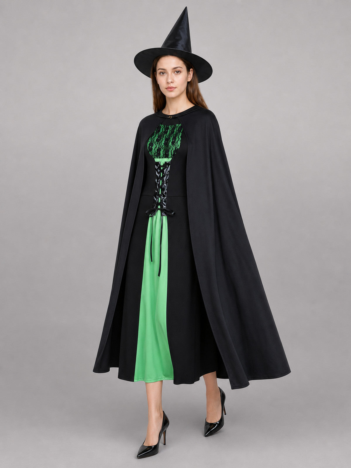 Witch Costume with Pointed Hat, Black front view