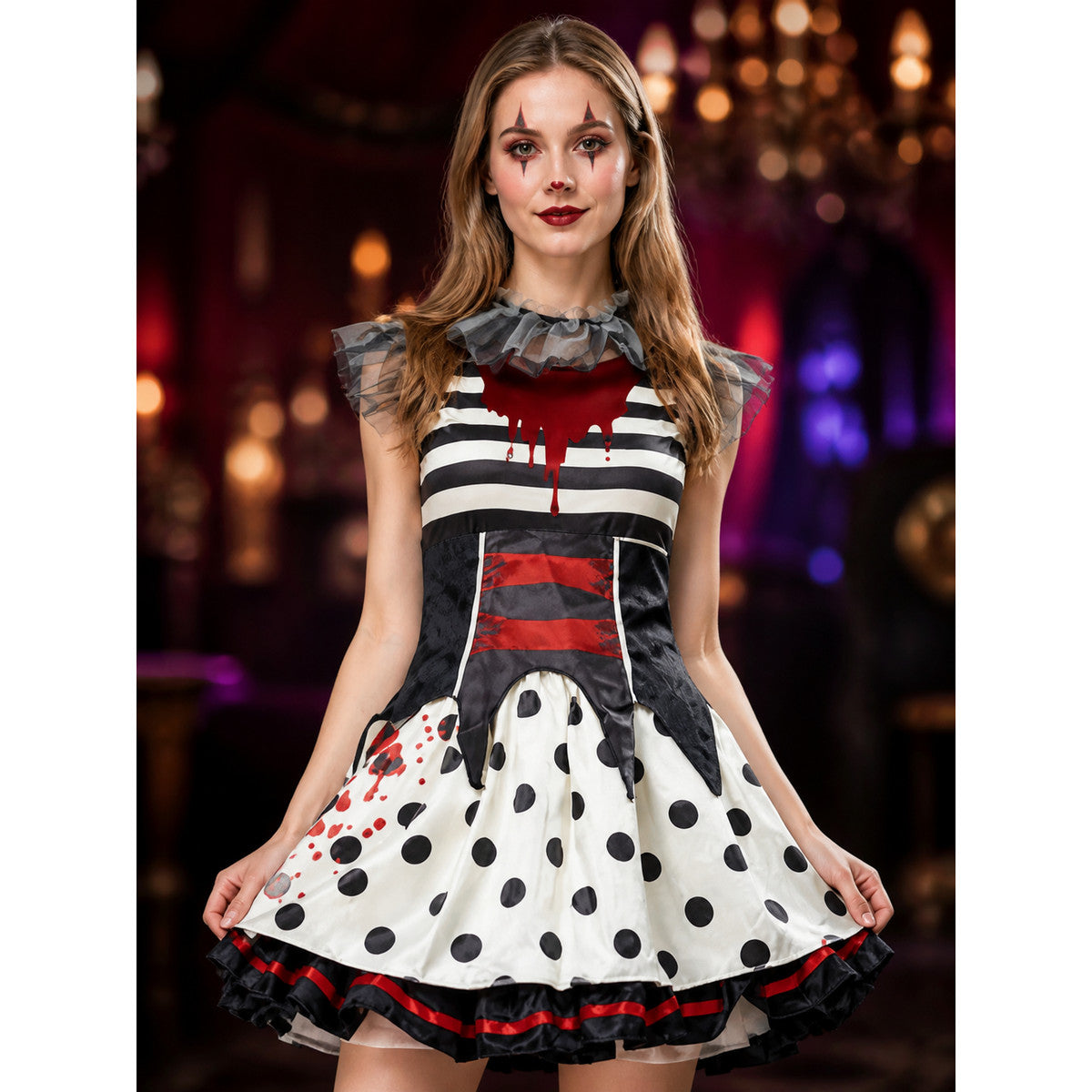 Circus Clown Cosplay Dress with Polka Dot Skirt and Blood Drip Print for on-model view