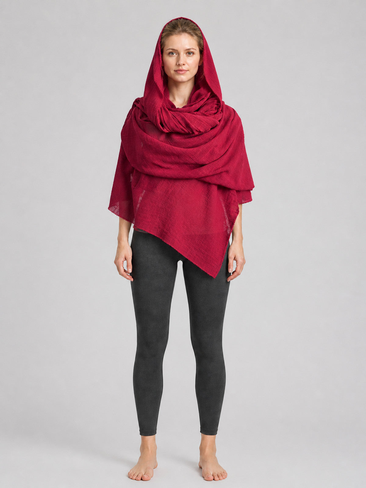 Medieval Hooded Cloak, Burgundy on-model view