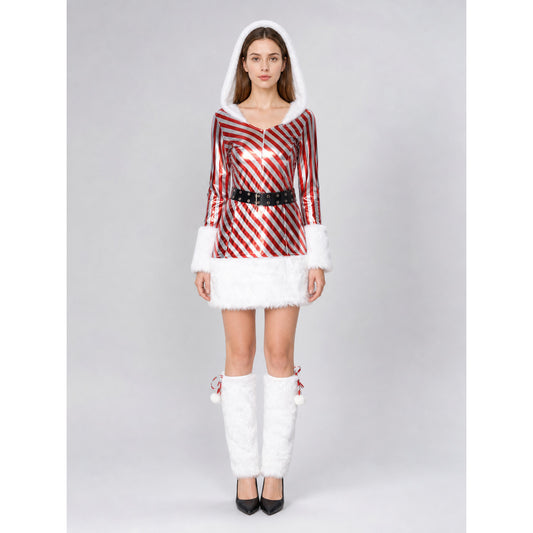 New Year's Striped Hooded Carnival Costume on-model view