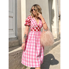 Pink-and-White Plaid Dress with a V-Neck
