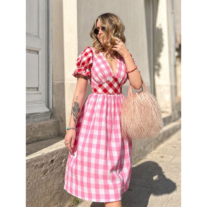 Pink-and-White Plaid Dress with a V-Neck