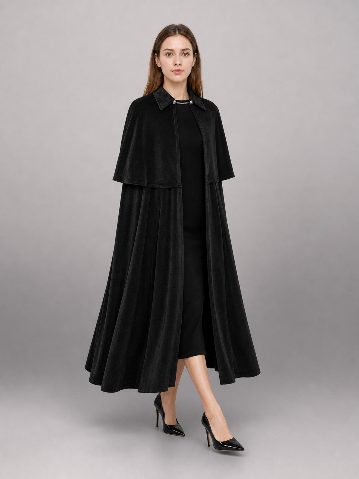 Long Black Carnival Cloak with Collar front view