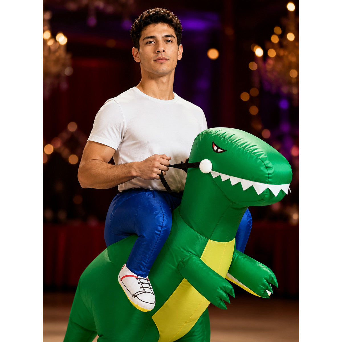 Adult Inflatable Dinosaur Costume, Green with Yellow Belly and White Teeth on-model view
