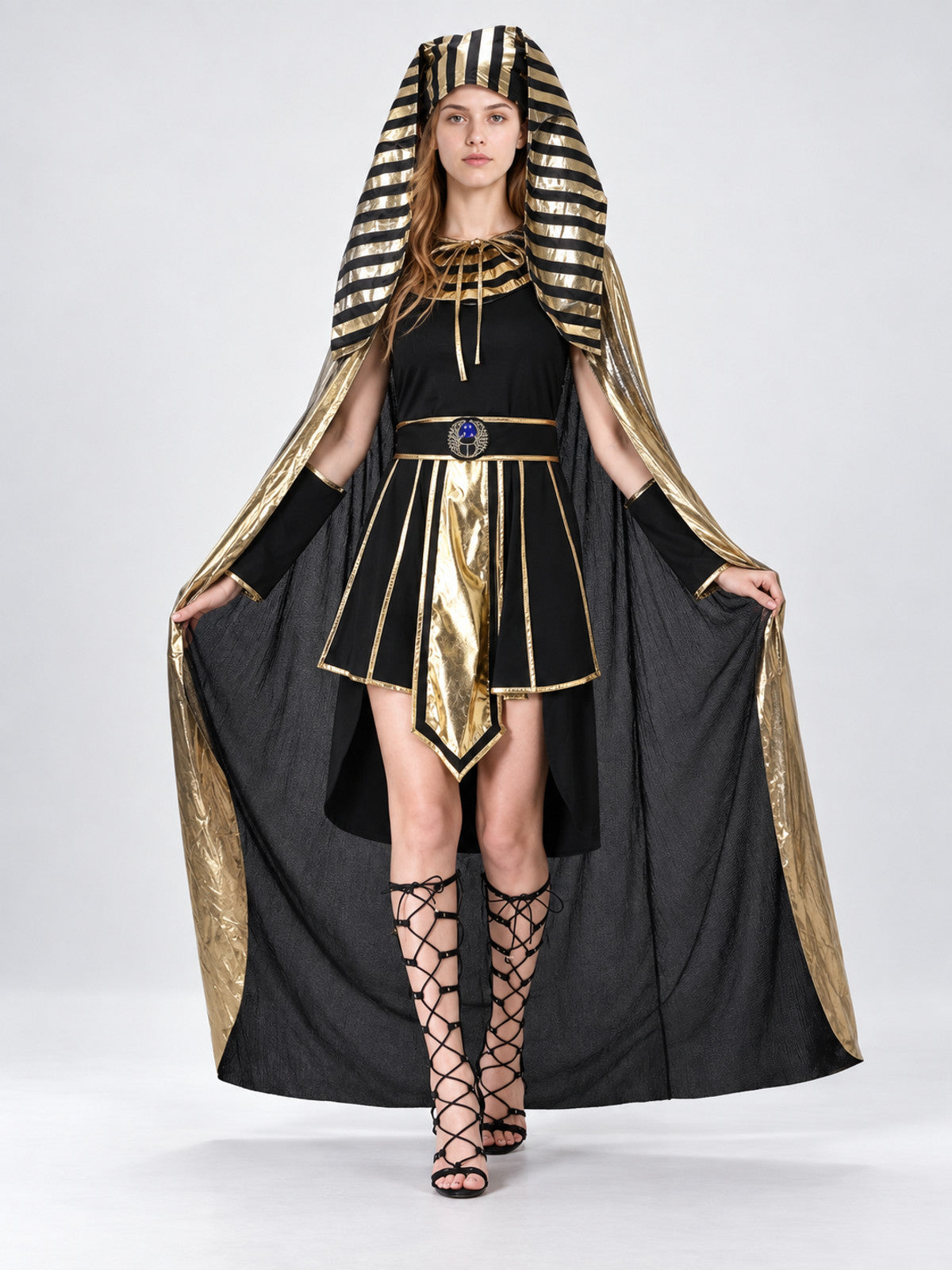 Egyptian Carnival Costume with Cape and Belt on-model view