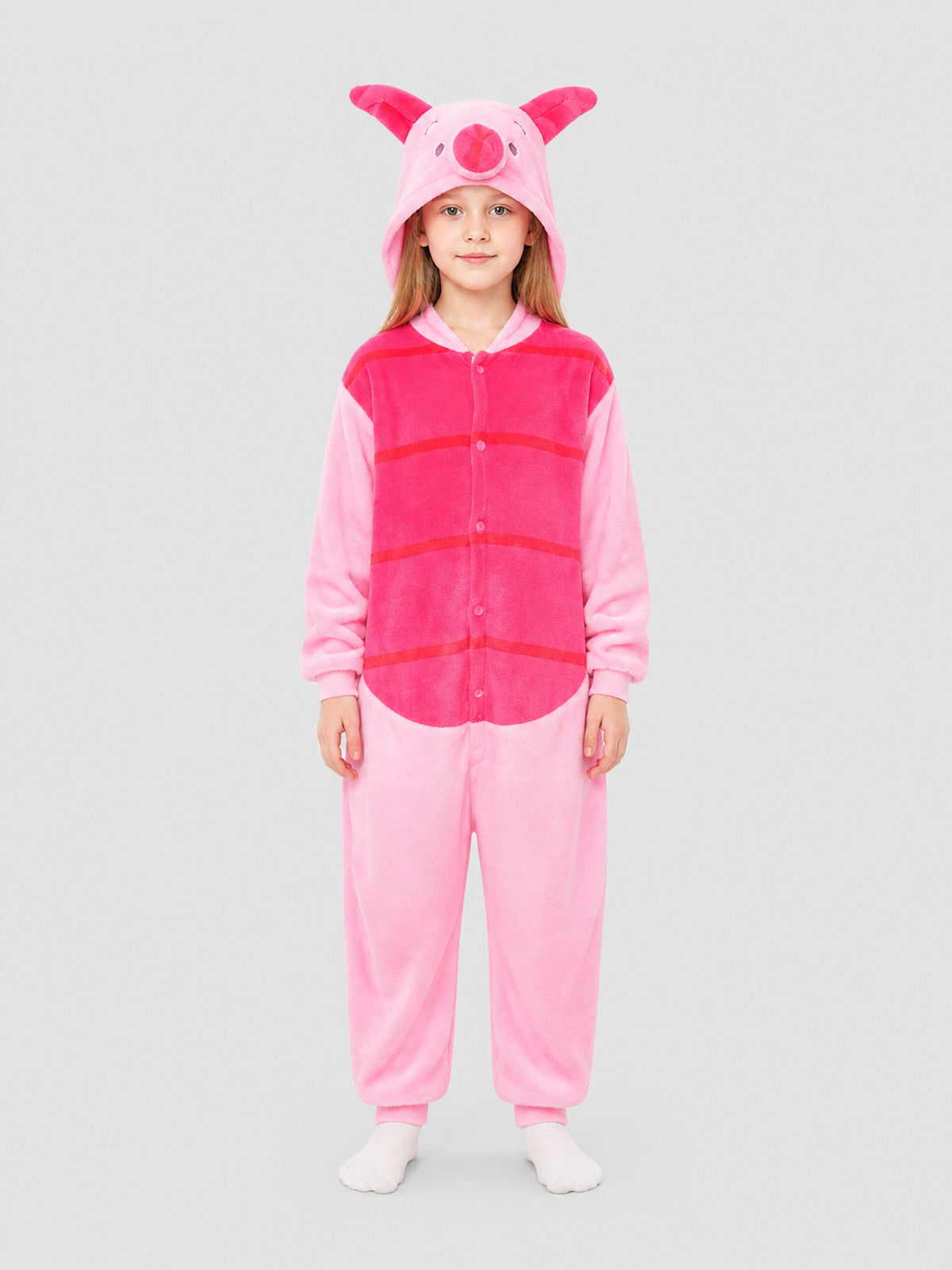 Flannel Pig Pajama Jumpsuit with Hood on-model view