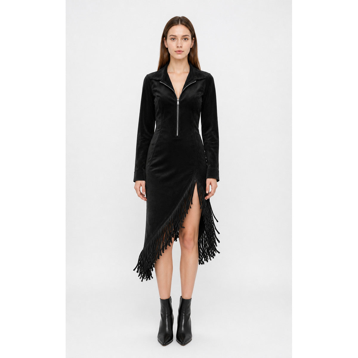 Black Fitted Dress with Long Sleeves and Fringe