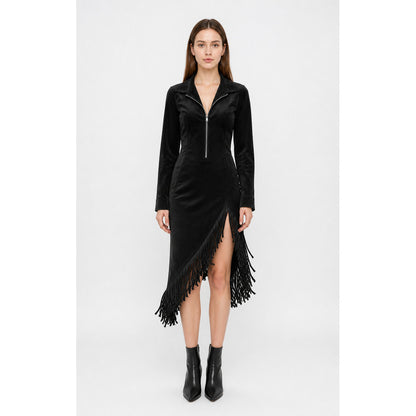Black Fitted Dress with Long Sleeves and Fringe