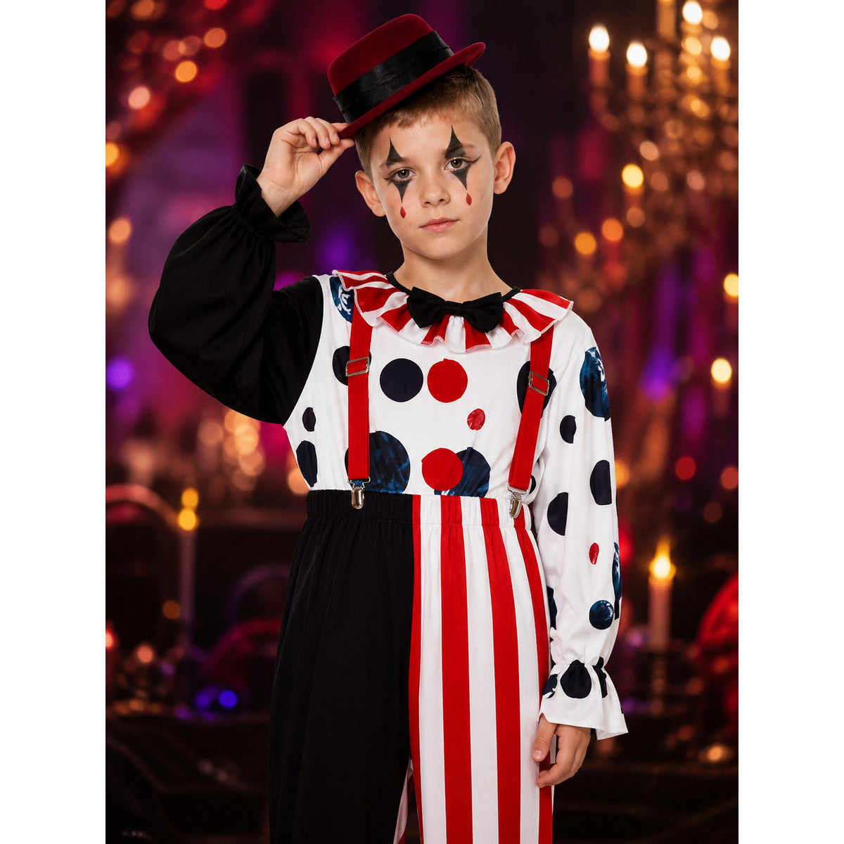 Men's Clown Costume Set, Asymmetric Striped Pants & Vest, Bow Tie, Hat on-model view