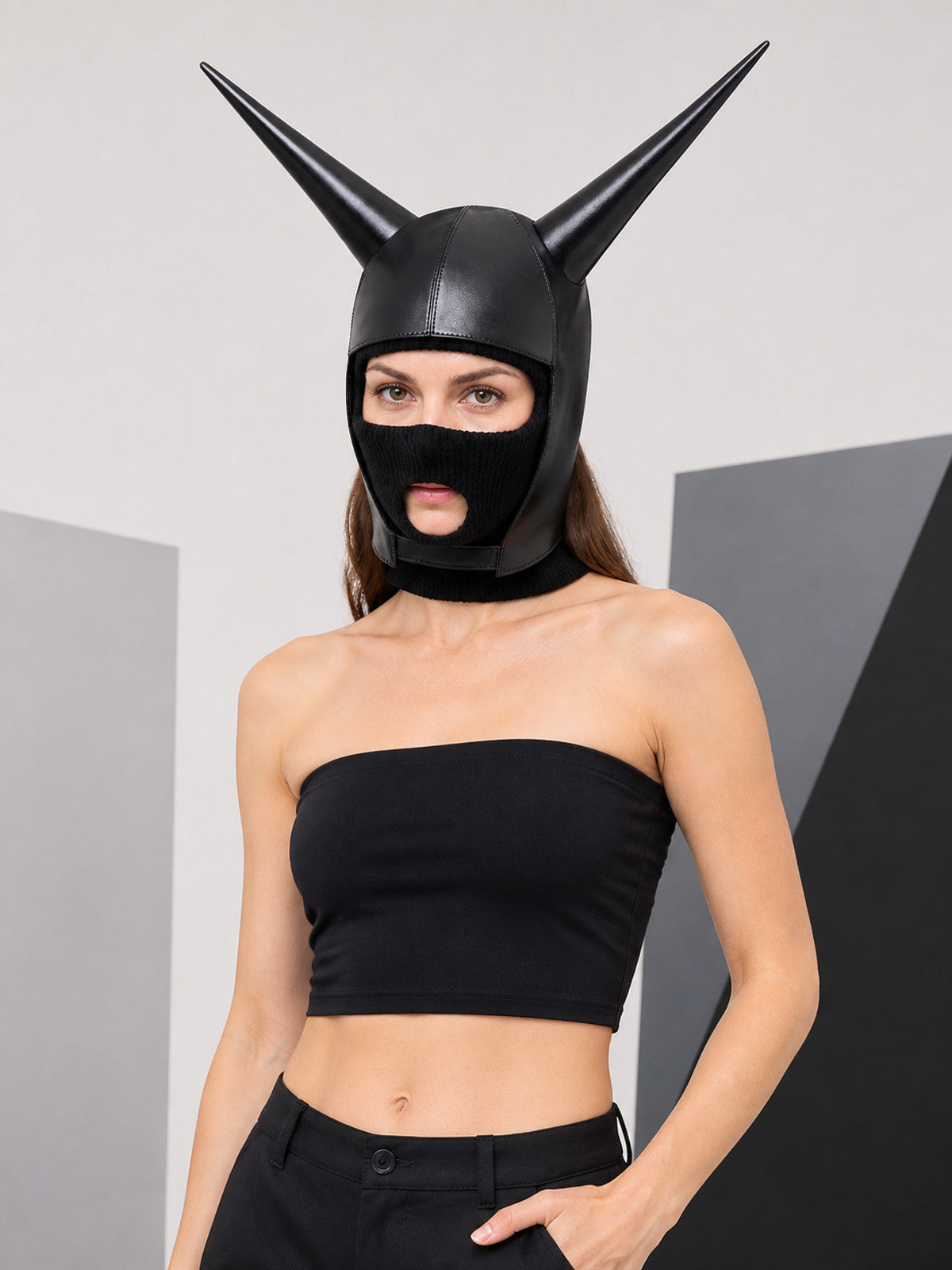 Black Full-Face Halloween Mask with Horns for Cosplay