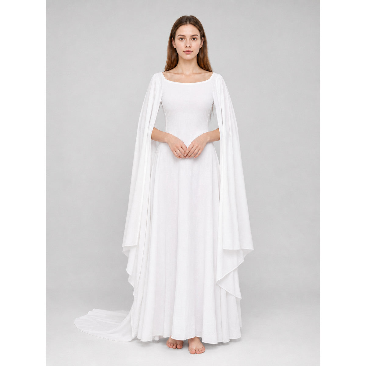 White Dress with a Square Neckline and Wide Sleeves