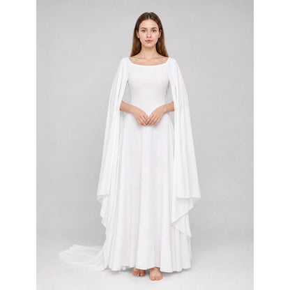 White Dress with a Square Neckline and Wide Sleeves