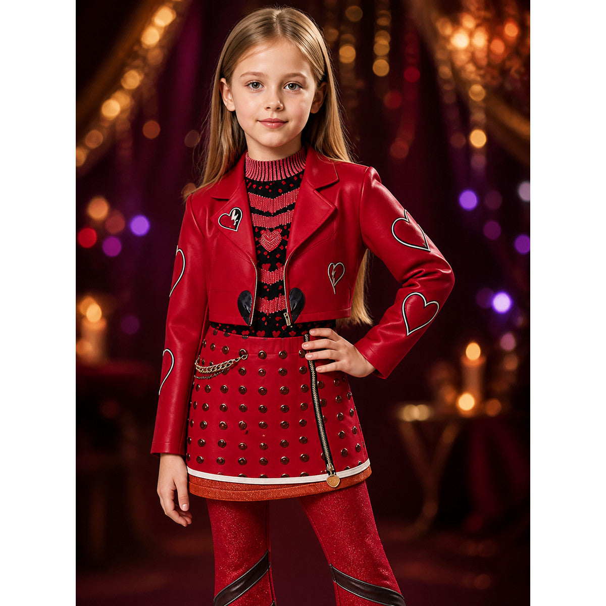 Kids Red Queen Costume Set, Red Heart Print Jacket, Skirt & Pants with Wig on-model view