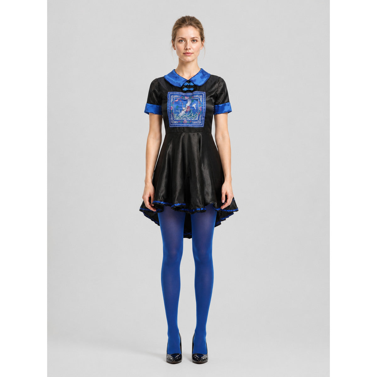 Zombie Costume Dress, Blue and Black, Fitted, Full Skirt on-model view