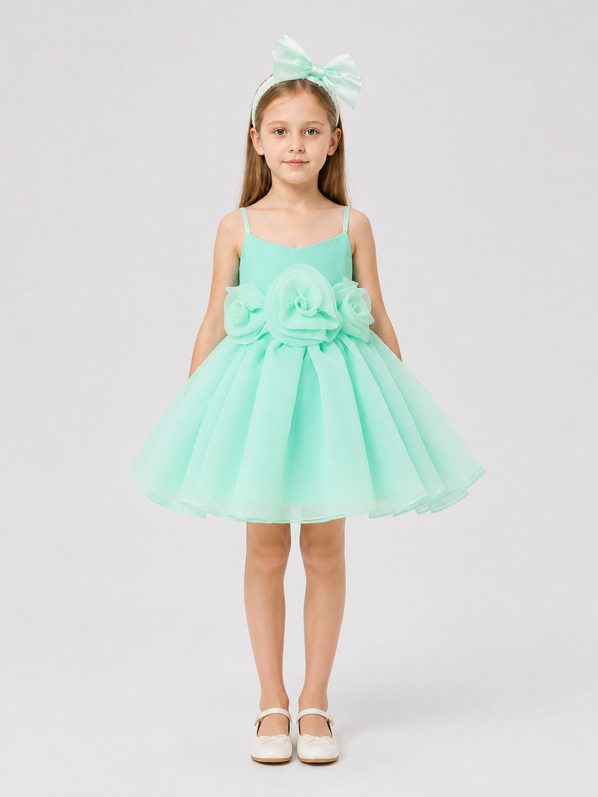 Short, Elegant Mint Dress with Roses and a Full Skirt on-model view