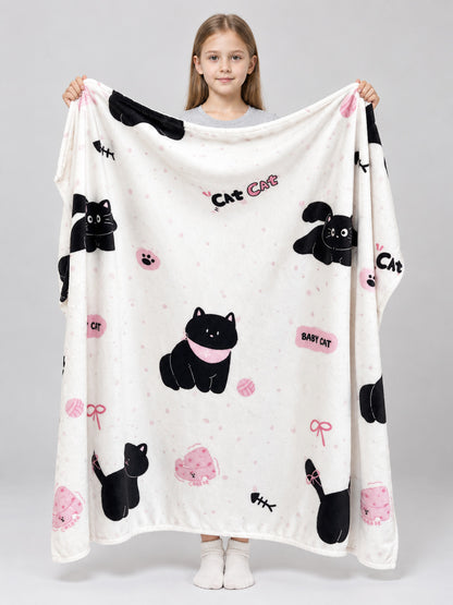 Reversible White Blanket with Cat and Bow Print