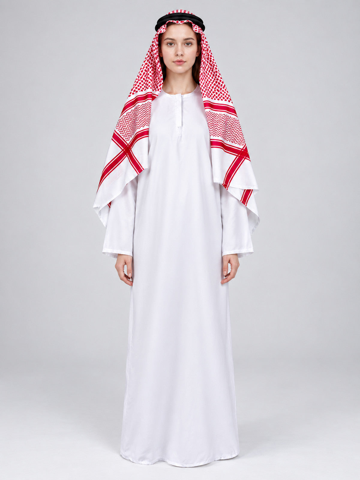 Arabian-themed costume with headscarf on-model view
