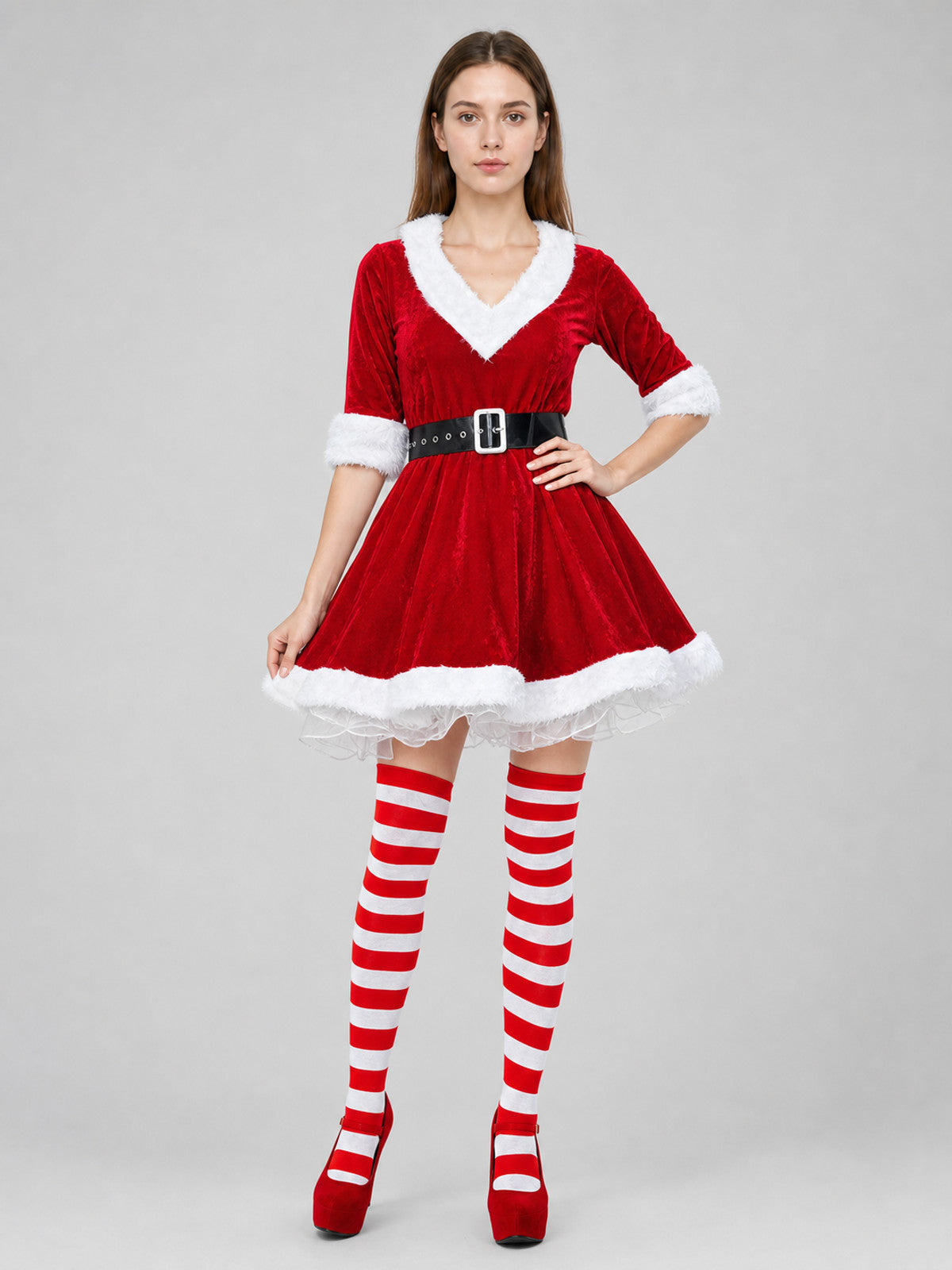 Santa Christmas Dress Costume with Belt and Stockings