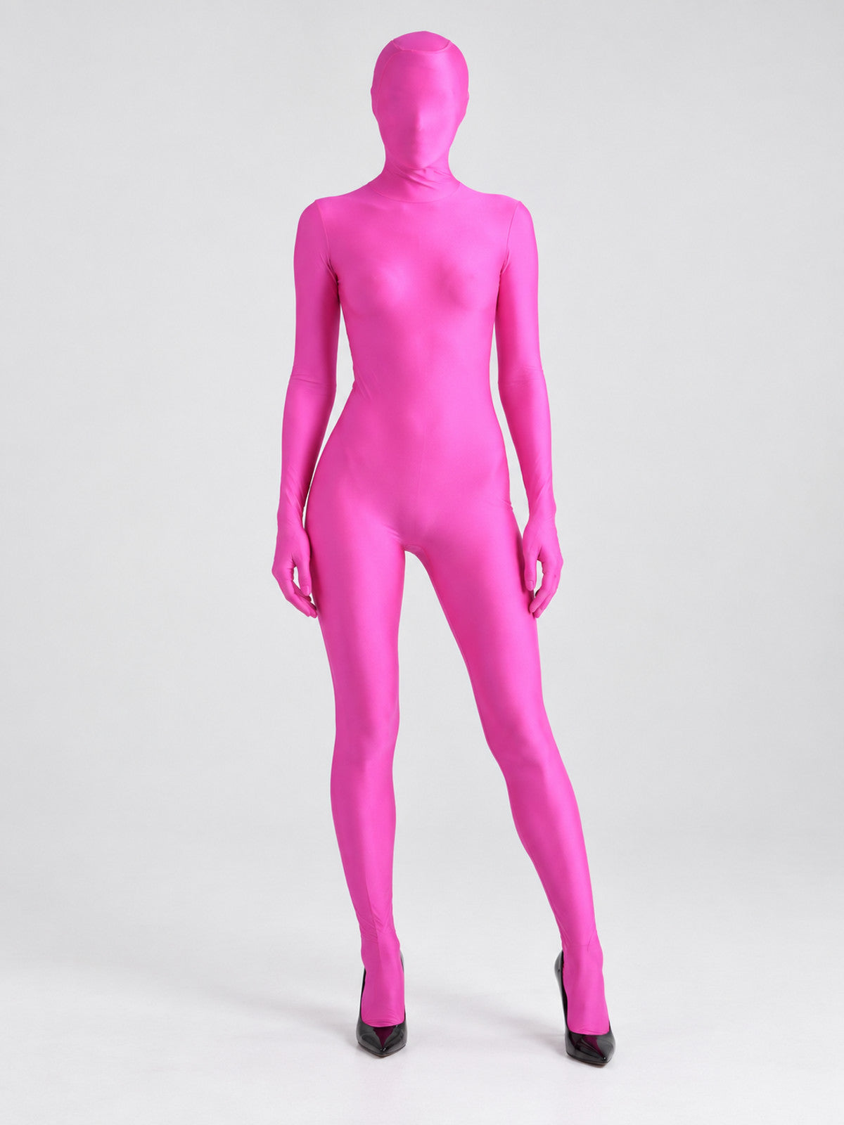 Pink form-fitting bodysuit with hood