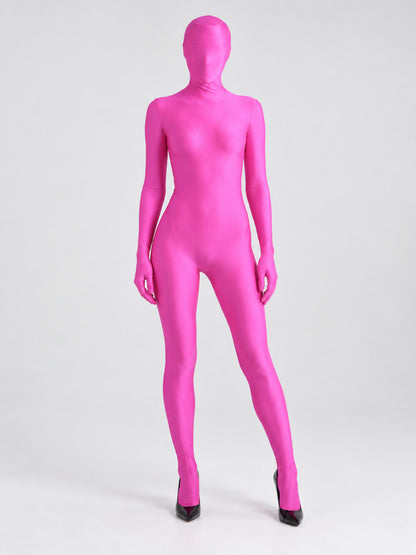 Pink form-fitting bodysuit with hood