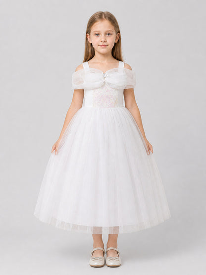 Children’s White Princess Dress with Spaghetti Straps and Sequins on-model view