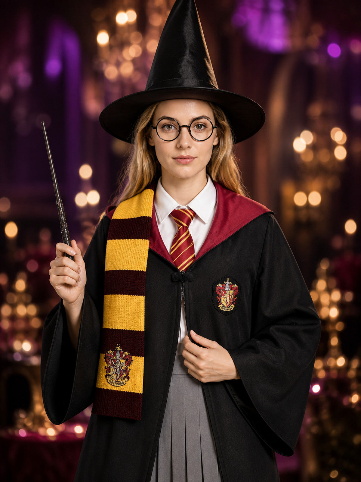 Women's Wizard Robe Costume Set, Hooded Cloak with Hat, Scarf, Tie, Glasses on-model view