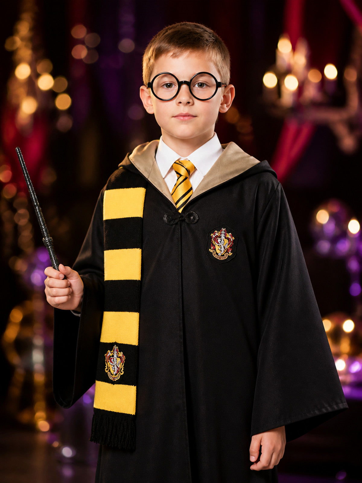 Wizard School Robe Costume Set, Chest Badge, Hooded Collar, Yellow Black Tie & on-model view