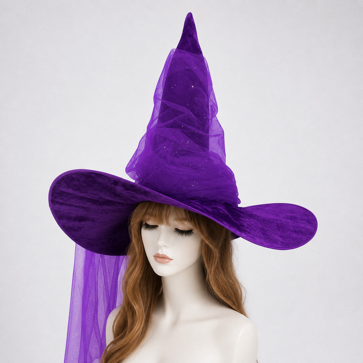 Purple Halloween Witch Hat for Women and Men, Tall Pointed Wide Floppy Brim with Layered Sheer Mesh Draping and Glitter-Like Specks for Cosplay Costume Party