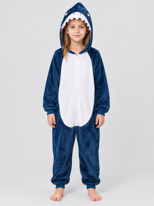 Blue Shark Hooded Zip-Up Pajama Jumpsuit