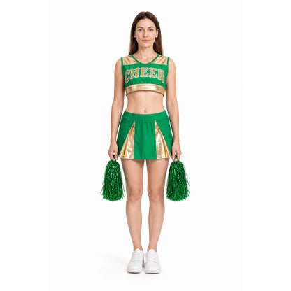 Cheerleading Costume: Green Top, Gold-Accent Skirt, and Pom-Poms main product view