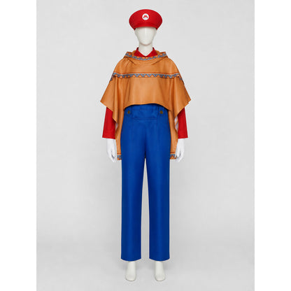 Mario Cosplay Costume with Cape, Hat, and Gloves on-model view