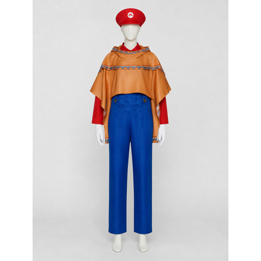Mario Cosplay Costume with Cape, Hat, and Gloves on-model view