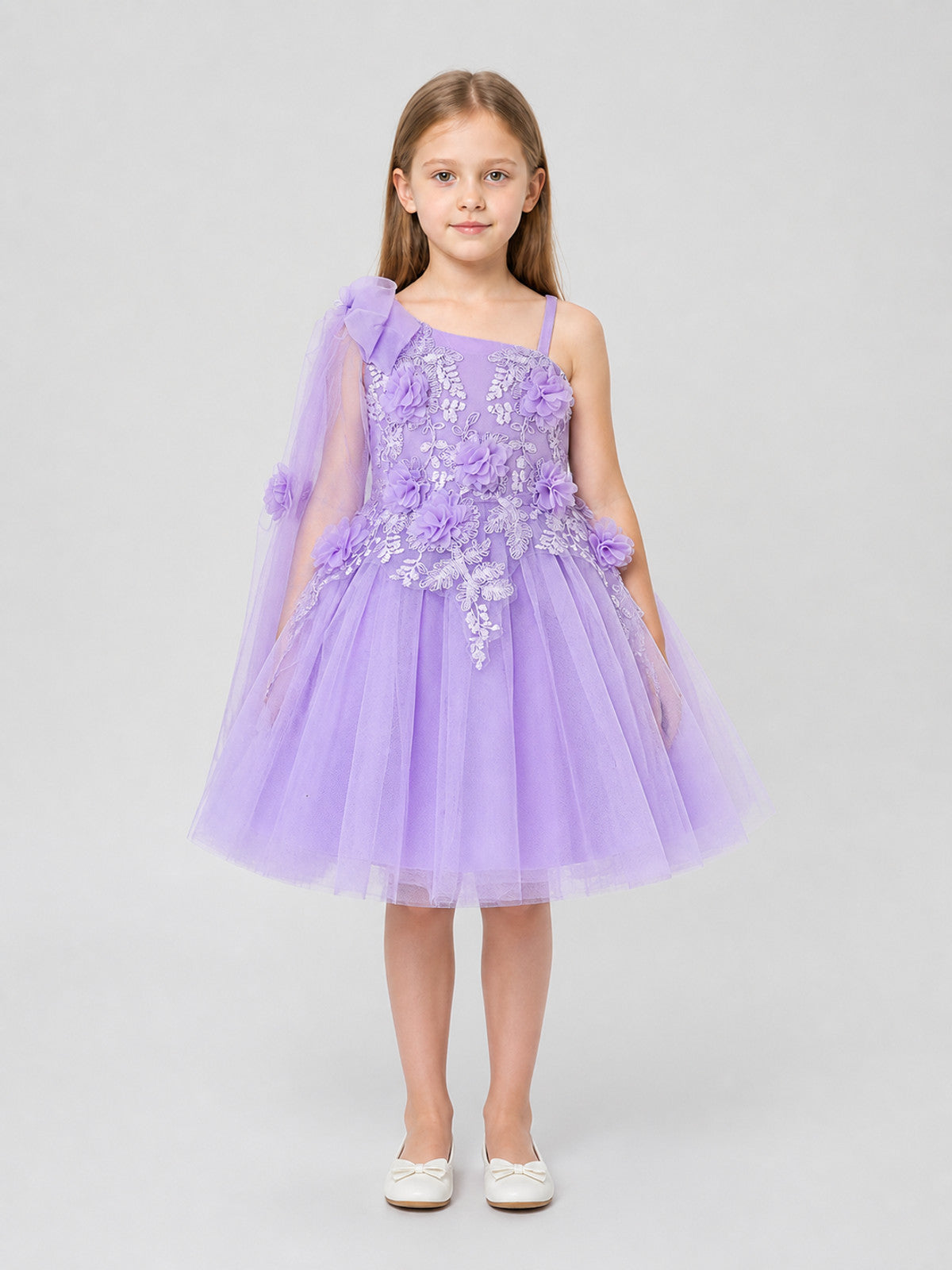 Girls' Tulle Tutu Dress with Embroidery and Flowers on-model view