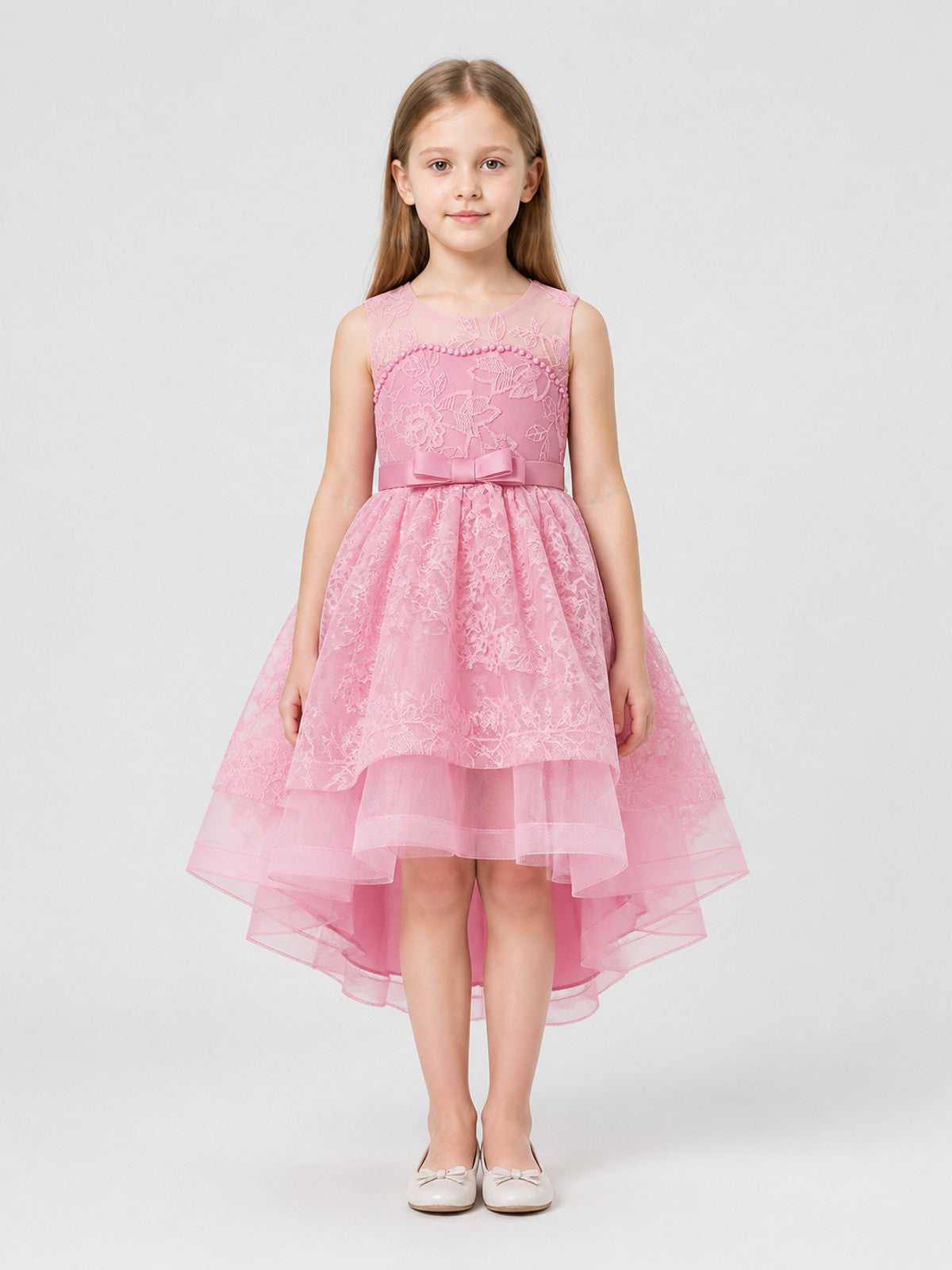Pink Princess Dress with Bow and Lace Embroidery on-model view