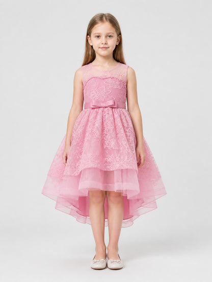Pink Princess Dress with Bow and Lace Embroidery on-model view