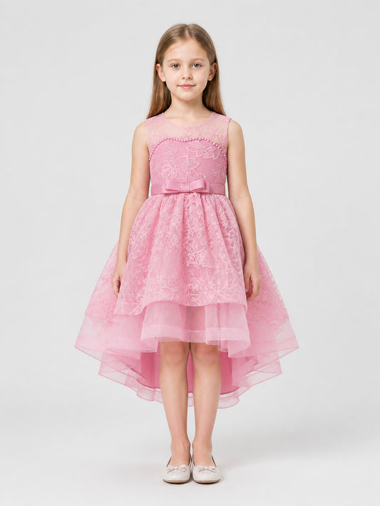 Pink Princess Dress with Bow and Lace Embroidery on-model view