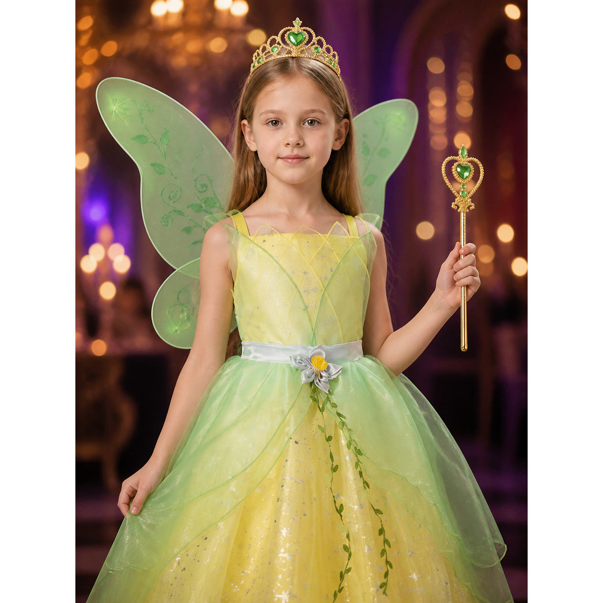 Girl's Fairy Costume Dress with Wings, Crown, and Magic Wand - Green Leaf Star on-model view