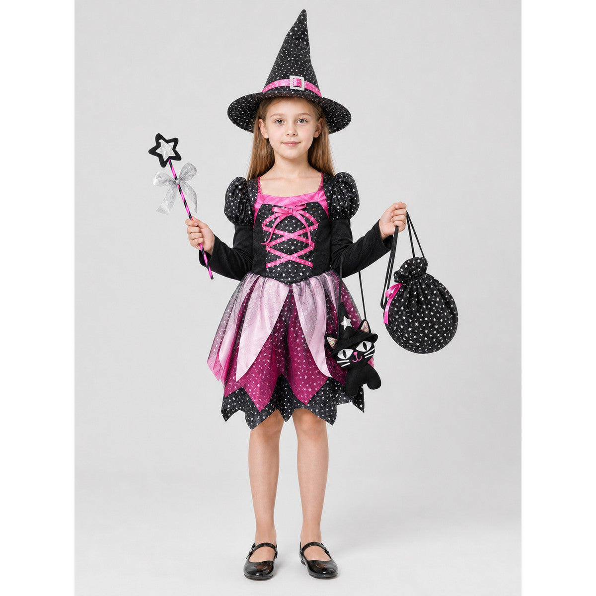 Witch Costume with Dress, Hat, and Wand on-model view