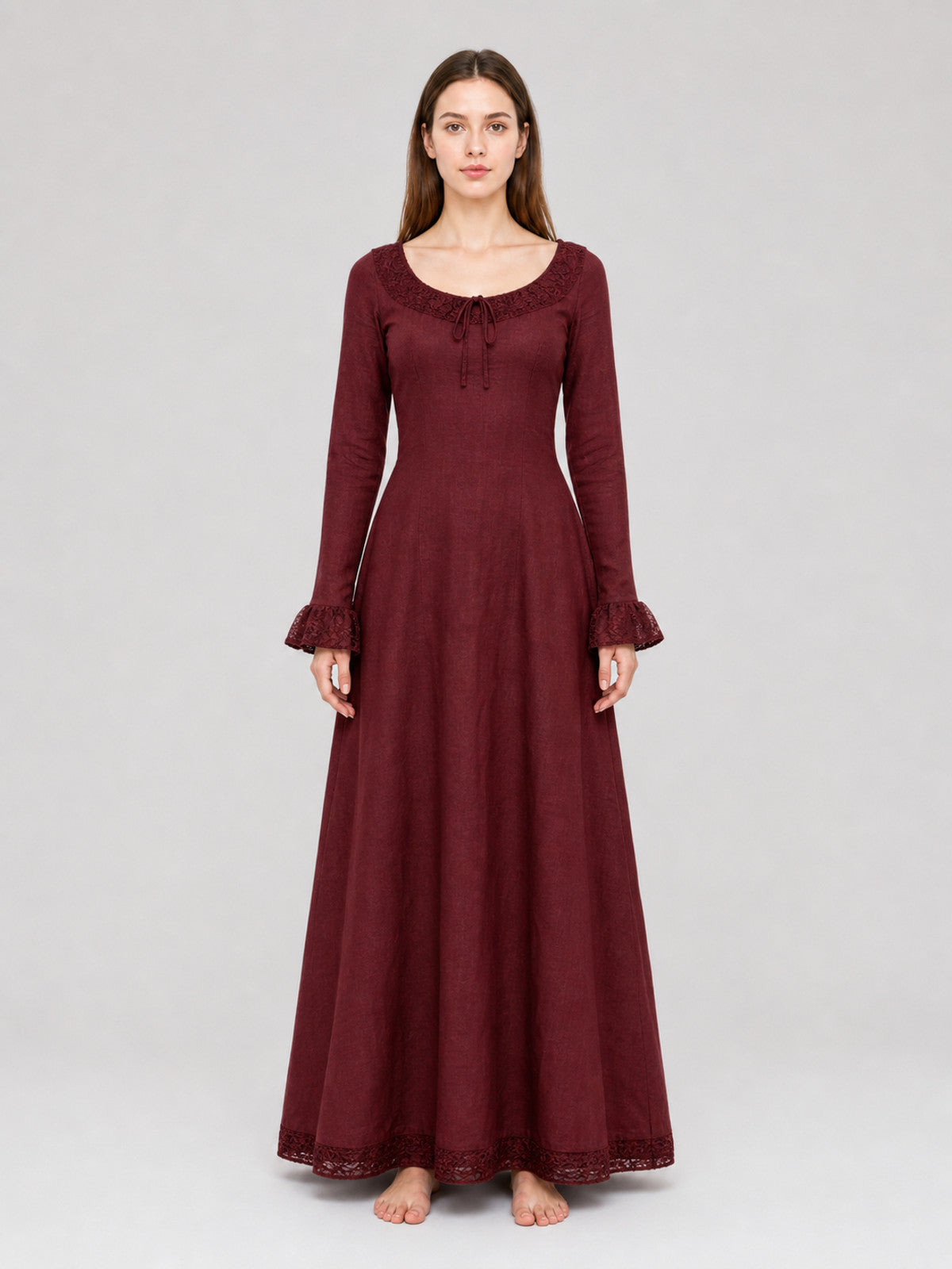 Black Medieval Maxi Dress with Long Sleeves front view