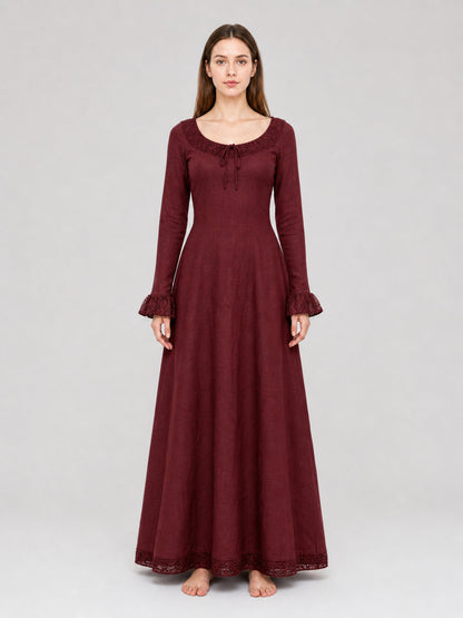 Black Medieval Maxi Dress with Long Sleeves front view