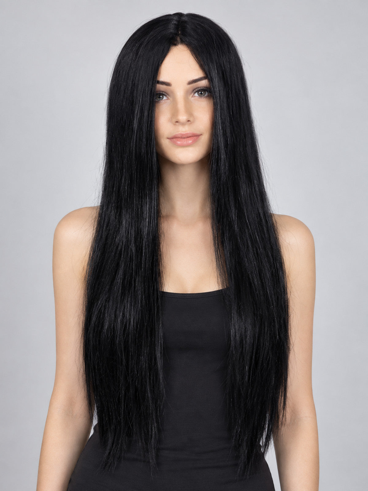 Long straight black wig with a middle part