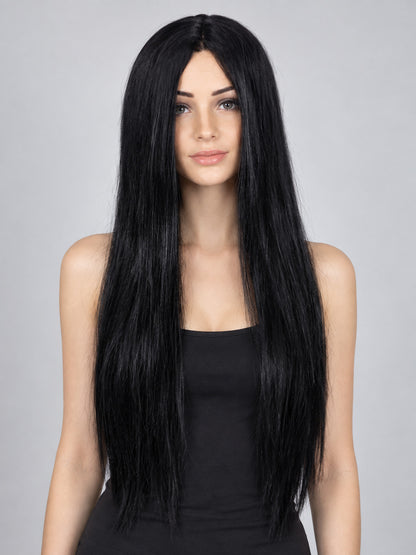 Long straight black wig with a middle part
