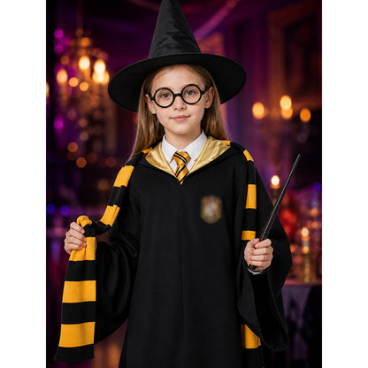 Black Hooded Wizard Robe Costume Set With Hat, Scarf, Tie, Wand And Round on-model view