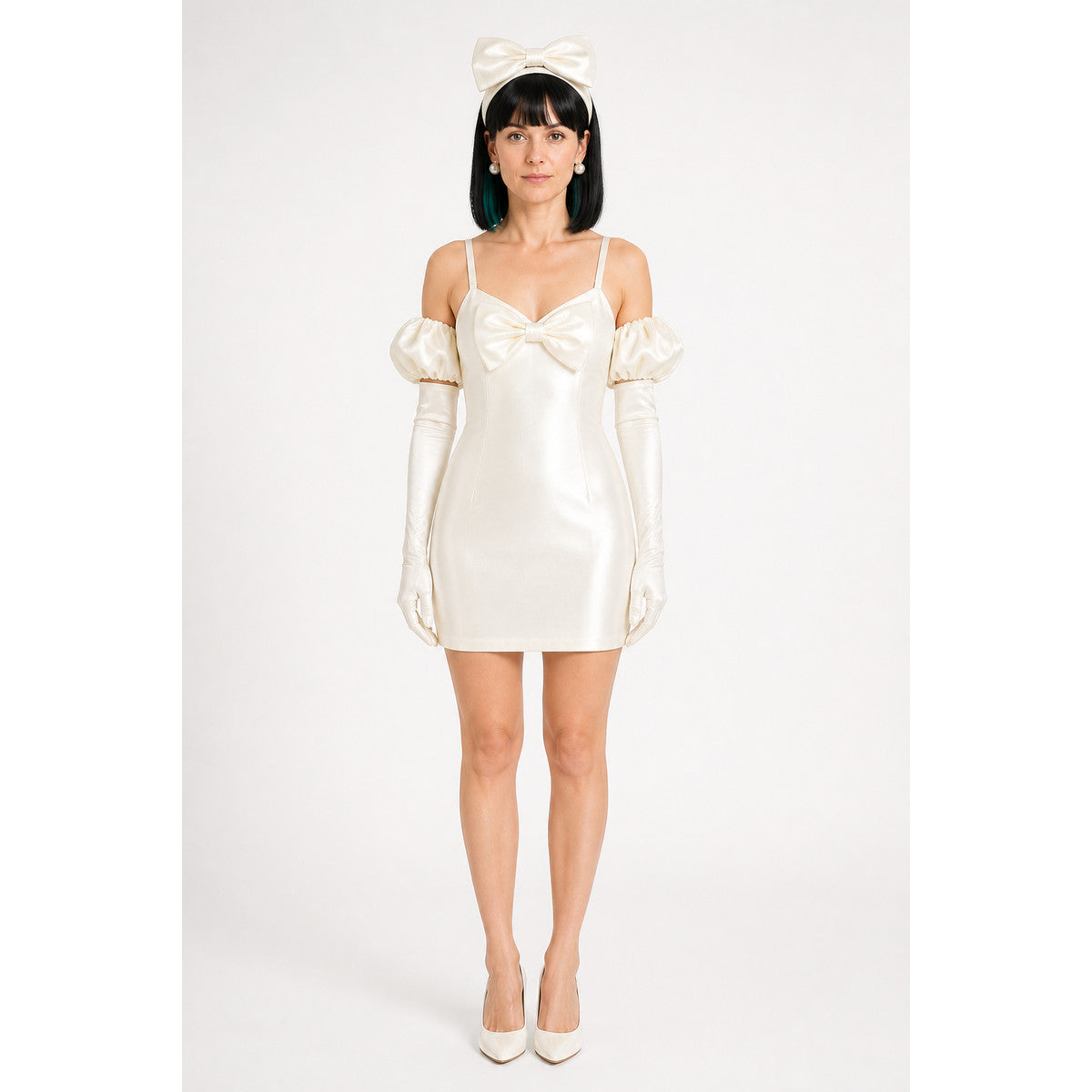 White Short Cosplay Dress with Bow and Wig main product view