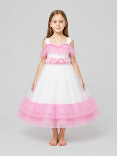Girls' Dressy Tutu Dress with Ruffles, White and Pink
